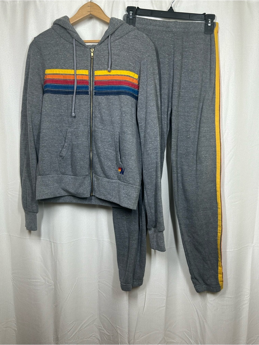 Aviator Nation 5 Stripe Zip Hoodie & Sweatpants Set Grey Heathered Size XS